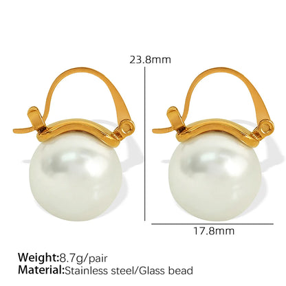 1 Pair Retro French Style Sweet Round Pearl Polishing Plating Inlay 304 Stainless Steel Glass Bead 18K Gold Plated Drop Earrings