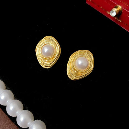 1 Pair Retro French Style Water Droplets Flower Plating Inlay Alloy Pearl Earrings