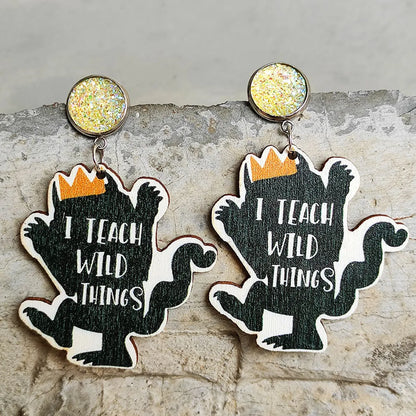 1 Pair Retro Funny Human Animal Letter Wood Drop Earrings