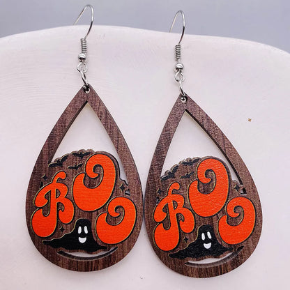 1 Pair Retro Funny Pumpkin Water Droplets Spider Hollow Out Wood Drop Earrings