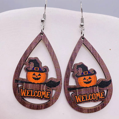 1 Pair Retro Funny Pumpkin Water Droplets Spider Hollow Out Wood Drop Earrings