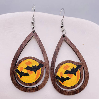 1 Pair Retro Funny Pumpkin Water Droplets Spider Hollow Out Wood Drop Earrings