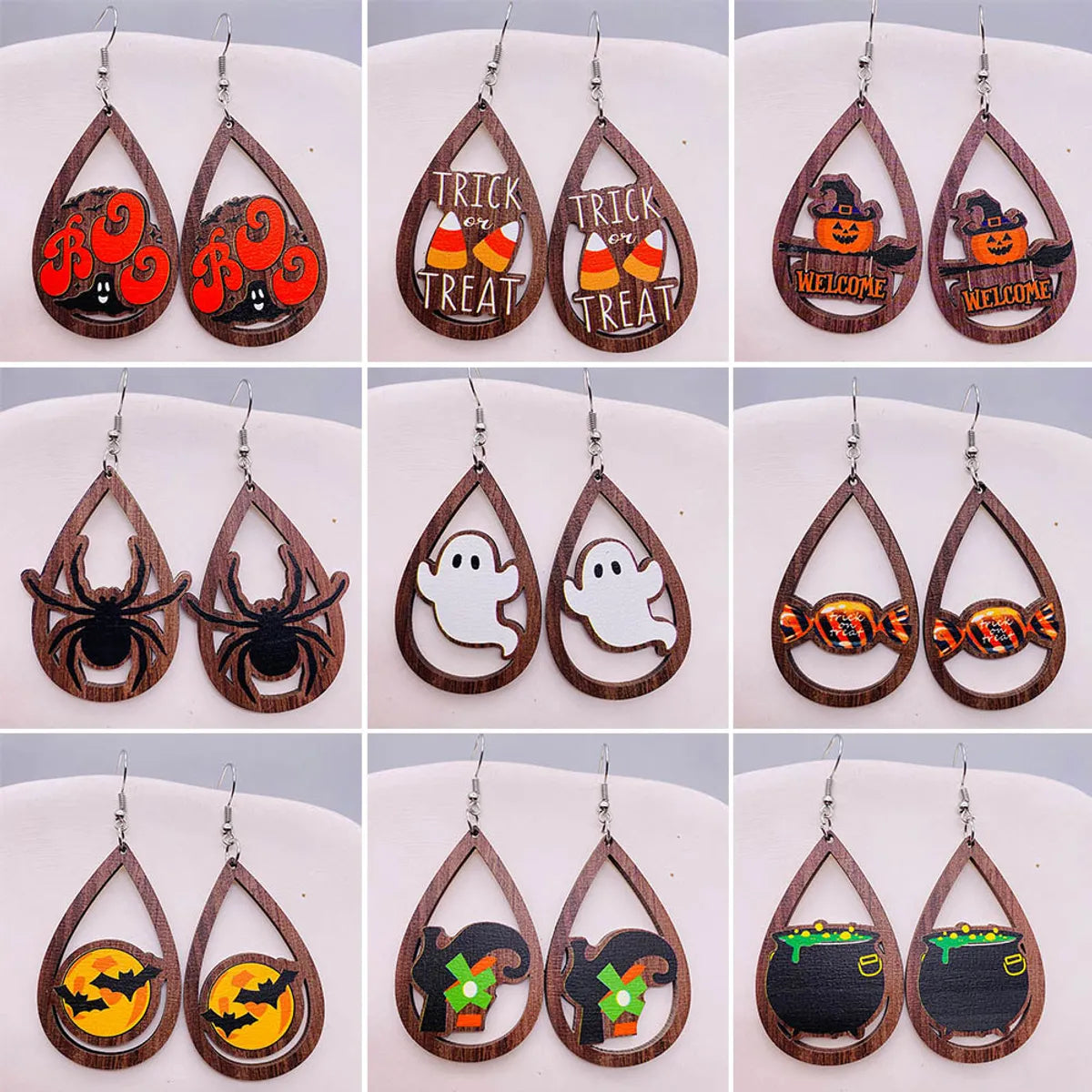 1 Pair Retro Funny Pumpkin Water Droplets Spider Hollow Out Wood Drop Earrings