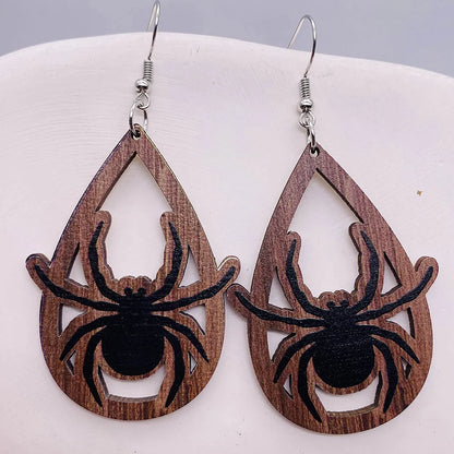 1 Pair Retro Funny Pumpkin Water Droplets Spider Hollow Out Wood Drop Earrings