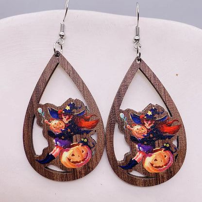 1 Pair Retro Funny Pumpkin Water Droplets Spider Hollow Out Wood Drop Earrings