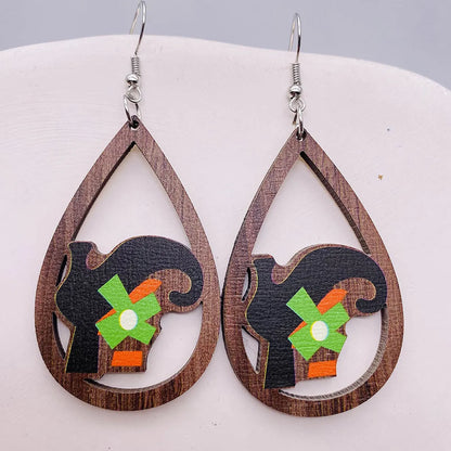 1 Pair Retro Funny Pumpkin Water Droplets Spider Hollow Out Wood Drop Earrings