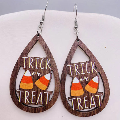 1 Pair Retro Funny Pumpkin Water Droplets Spider Hollow Out Wood Drop Earrings