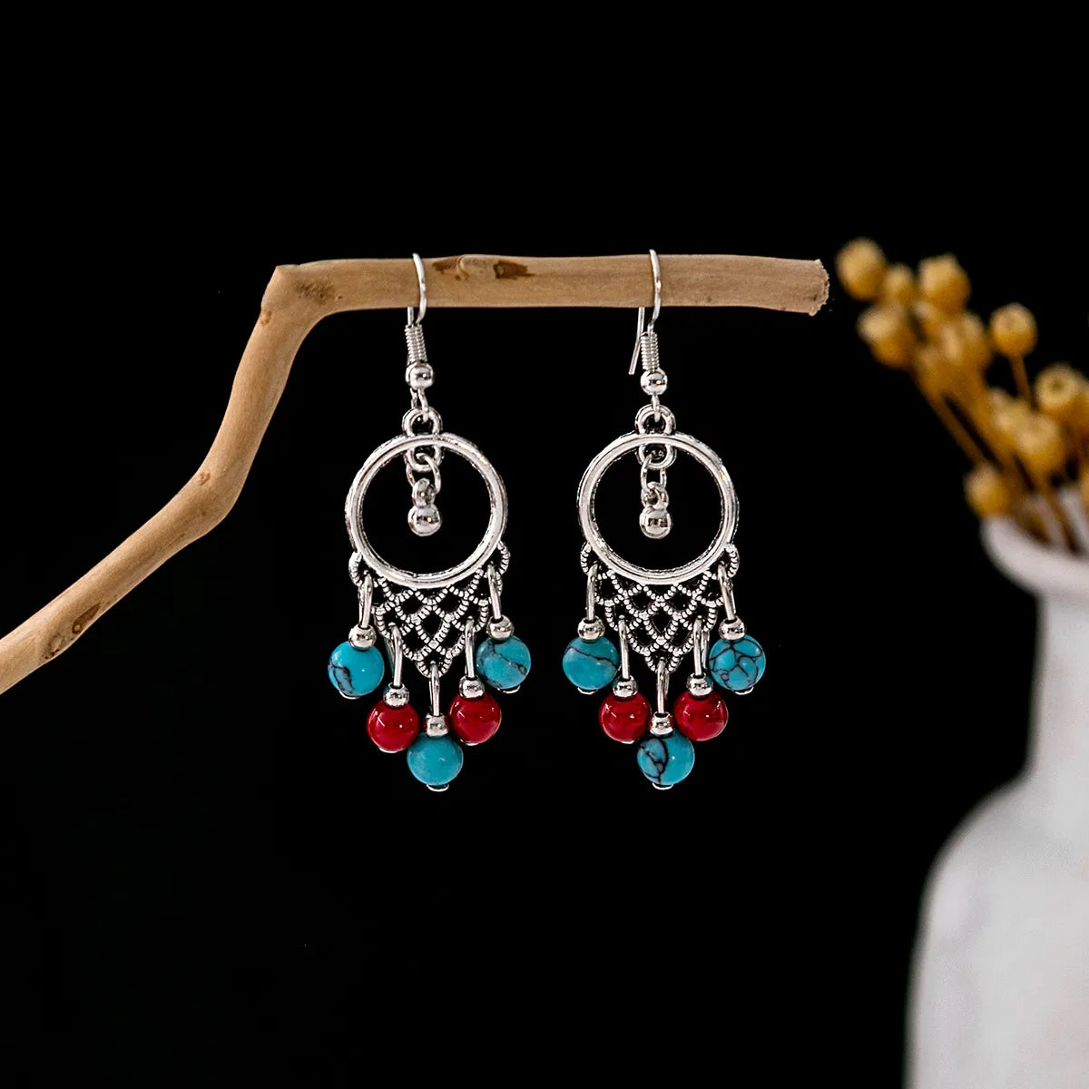 1 Pair Retro Geometric Beaded Plating Chain Alloy Drop Earrings