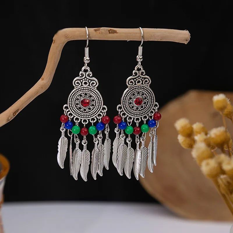 1 Pair Retro Geometric Beaded Plating Chain Alloy Drop Earrings