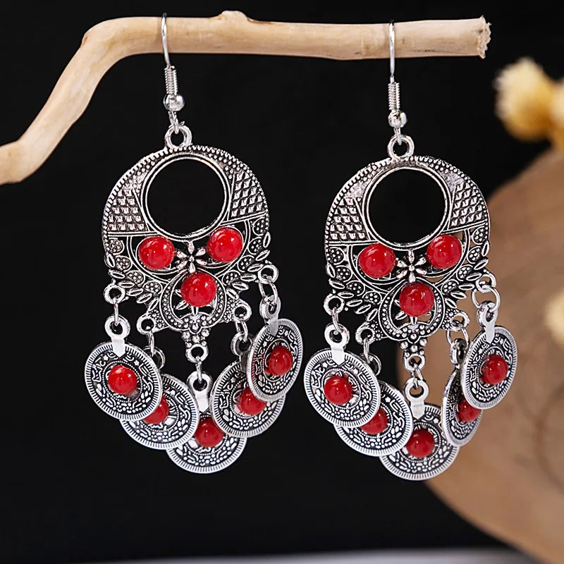 1 Pair Retro Geometric Beaded Plating Chain Alloy Drop Earrings