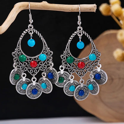 1 Pair Retro Geometric Beaded Plating Chain Alloy Drop Earrings