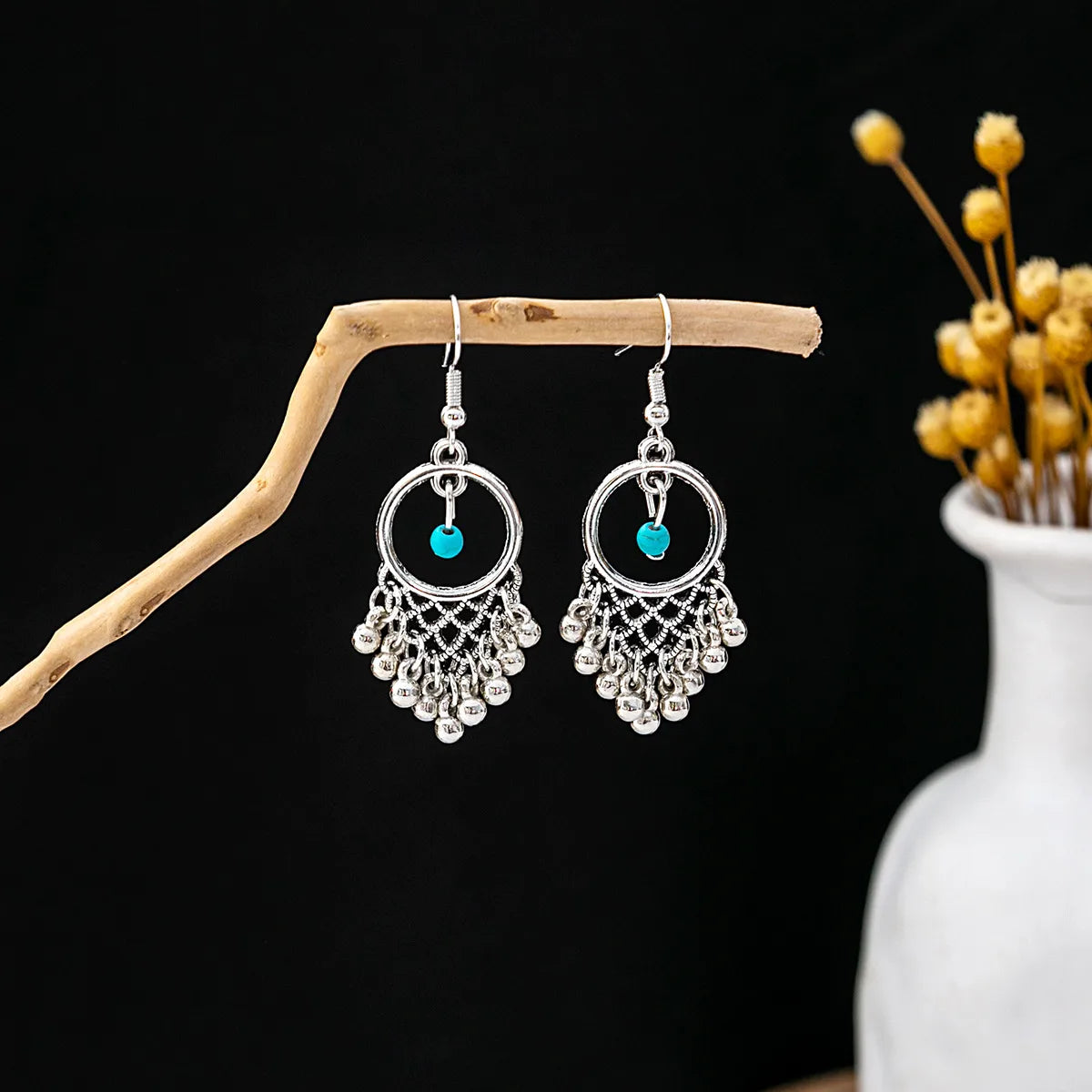 1 Pair Retro Geometric Beaded Plating Chain Alloy Drop Earrings