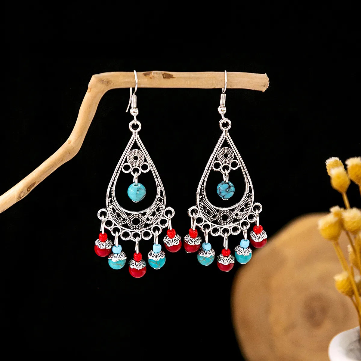 1 Pair Retro Geometric Beaded Plating Chain Alloy Drop Earrings