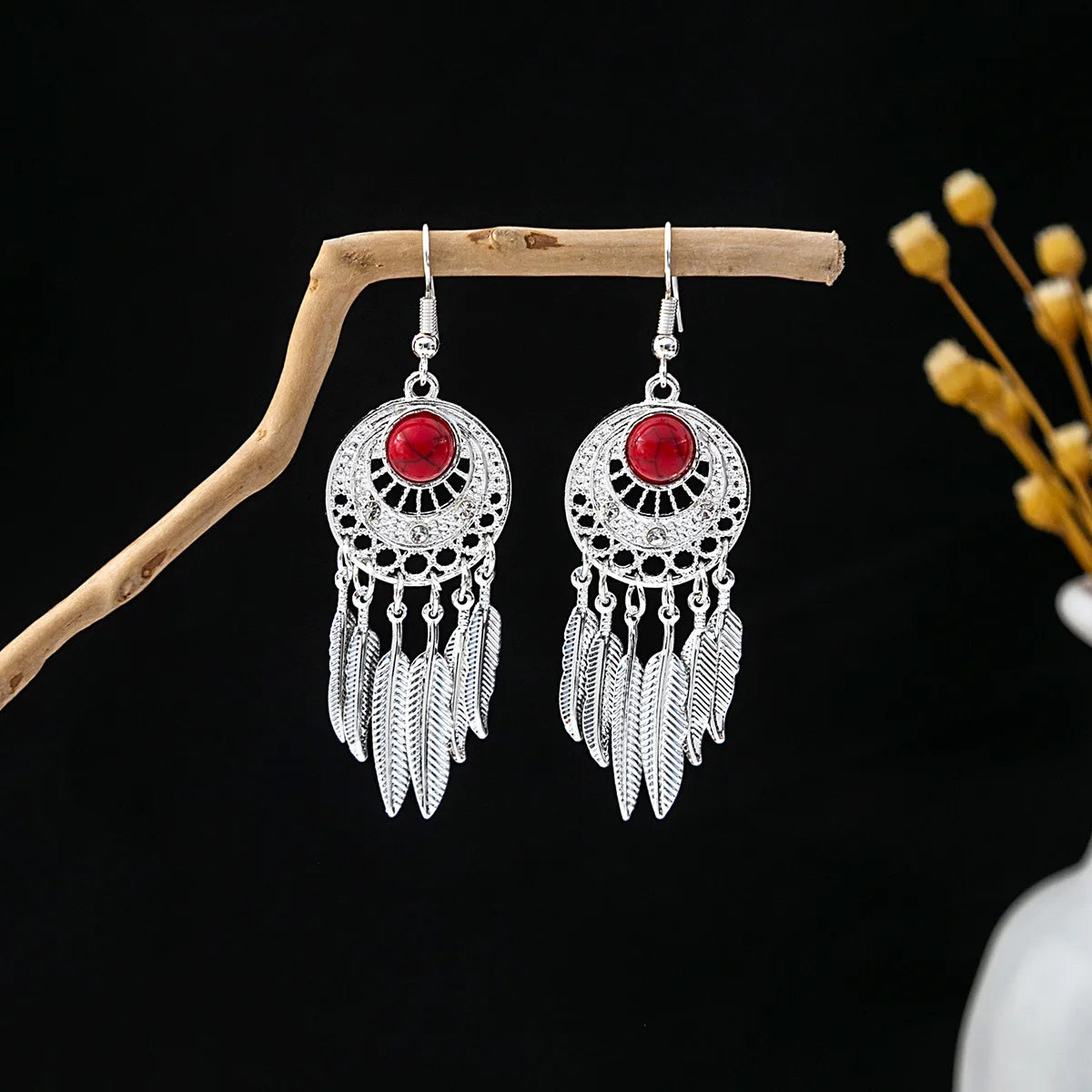 1 Pair Retro Geometric Beaded Plating Chain Alloy Drop Earrings