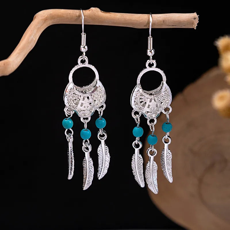 1 Pair Retro Geometric Beaded Plating Chain Alloy Drop Earrings