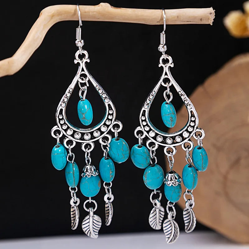 1 Pair Retro Geometric Beaded Plating Chain Alloy Drop Earrings