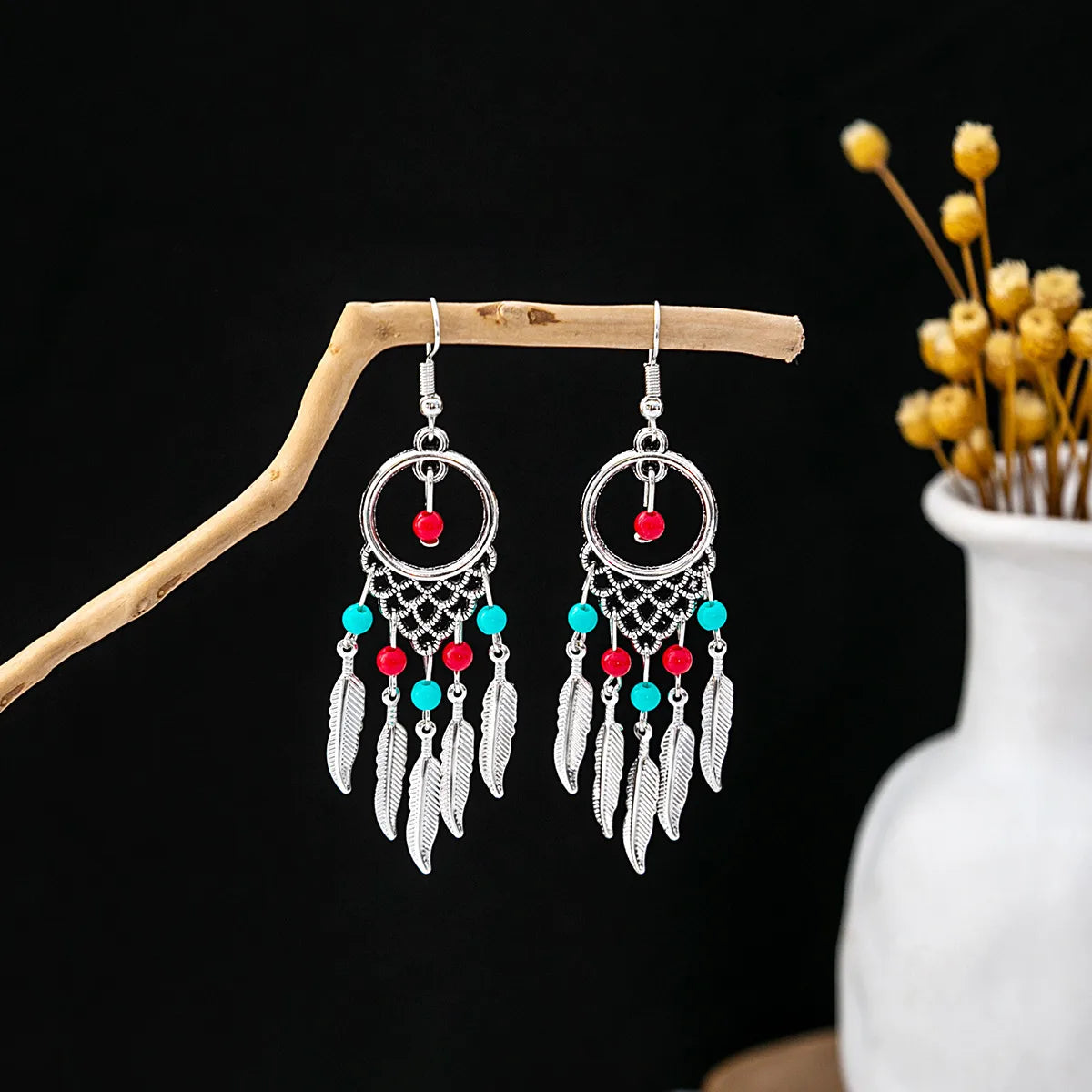 1 Pair Retro Geometric Beaded Plating Chain Alloy Drop Earrings