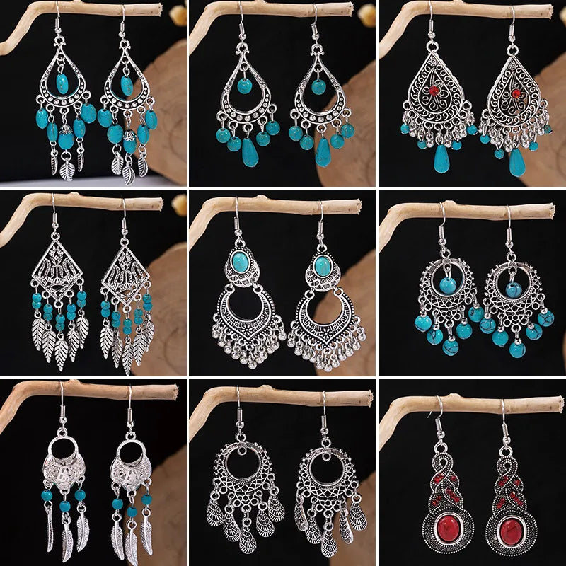 1 Pair Retro Geometric Beaded Plating Chain Alloy Drop Earrings