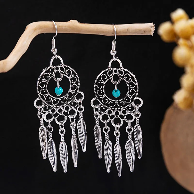 1 Pair Retro Geometric Beaded Plating Chain Alloy Drop Earrings