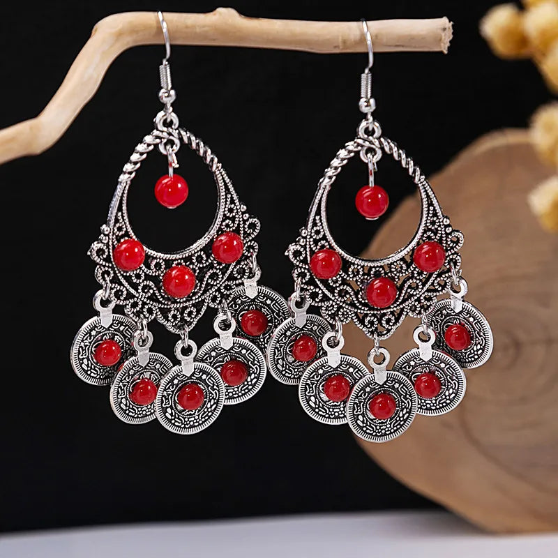 1 Pair Retro Geometric Beaded Plating Chain Alloy Drop Earrings