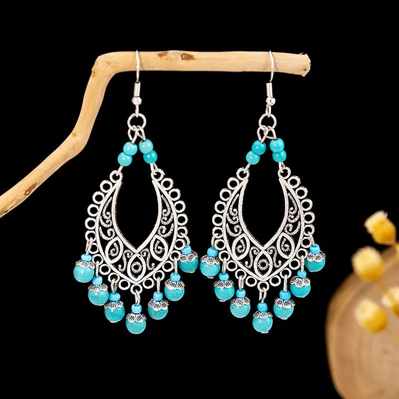 1 Pair Retro Geometric Beaded Plating Chain Alloy Drop Earrings