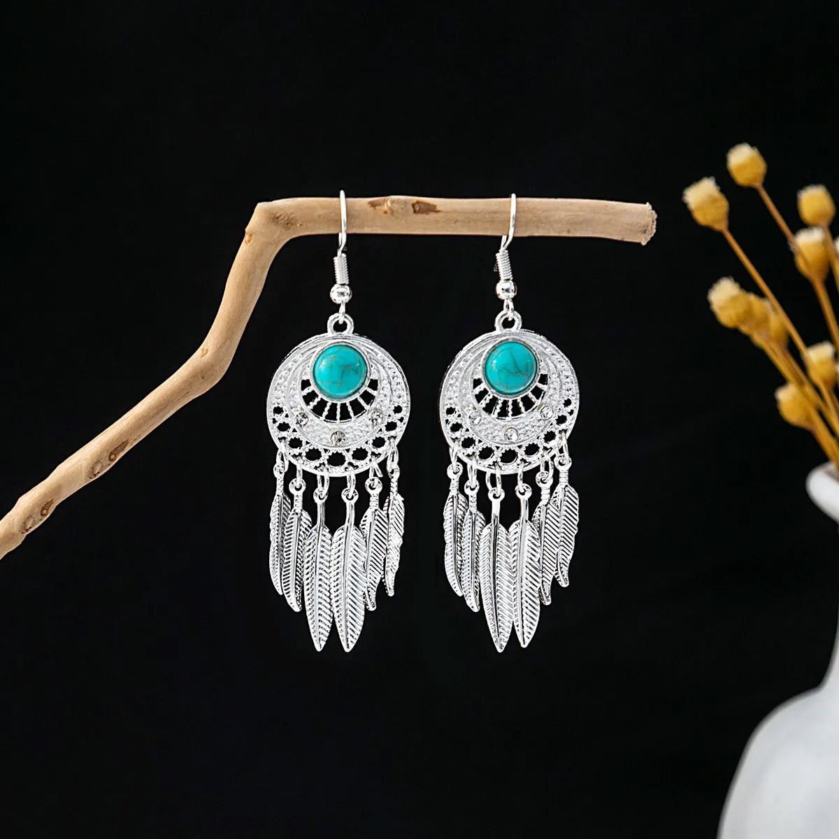 1 Pair Retro Geometric Beaded Plating Chain Alloy Drop Earrings