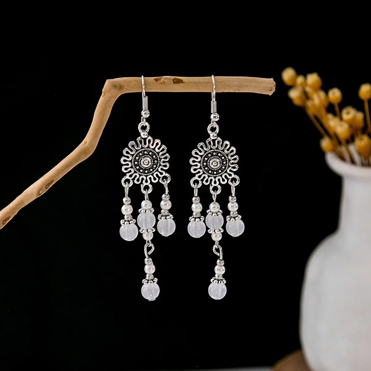 1 Pair Retro Geometric Beaded Plating Chain Alloy Drop Earrings