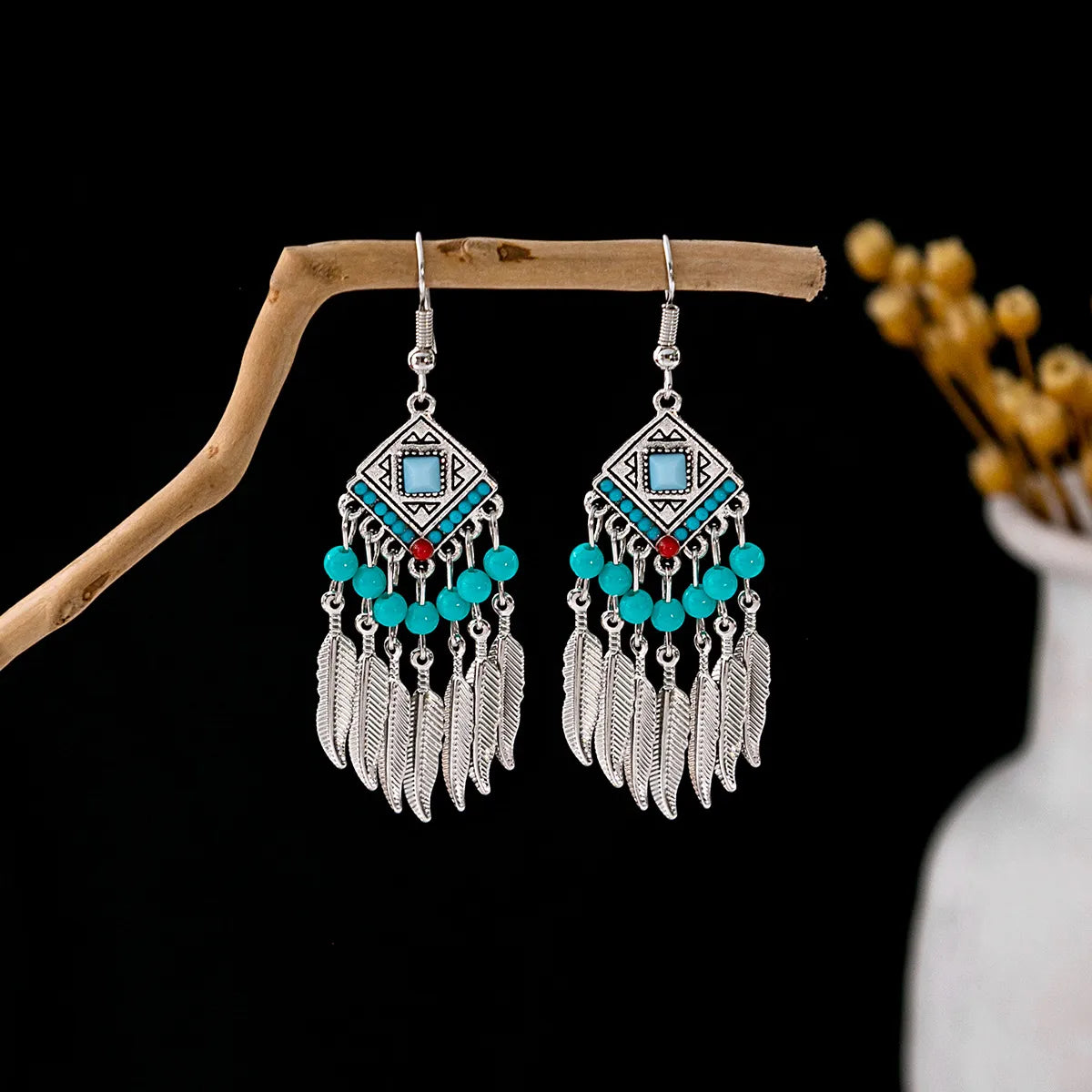 1 Pair Retro Geometric Beaded Plating Chain Alloy Drop Earrings