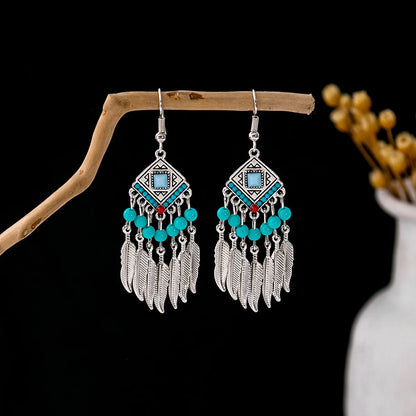 1 Pair Retro Geometric Beaded Plating Chain Alloy Drop Earrings