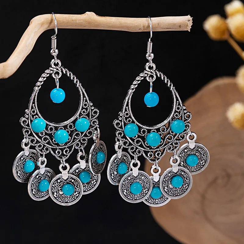 1 Pair Retro Geometric Beaded Plating Chain Alloy Drop Earrings