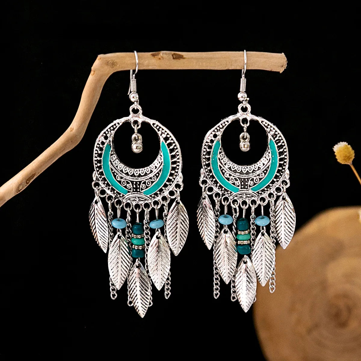 1 Pair Retro Geometric Beaded Plating Chain Alloy Drop Earrings