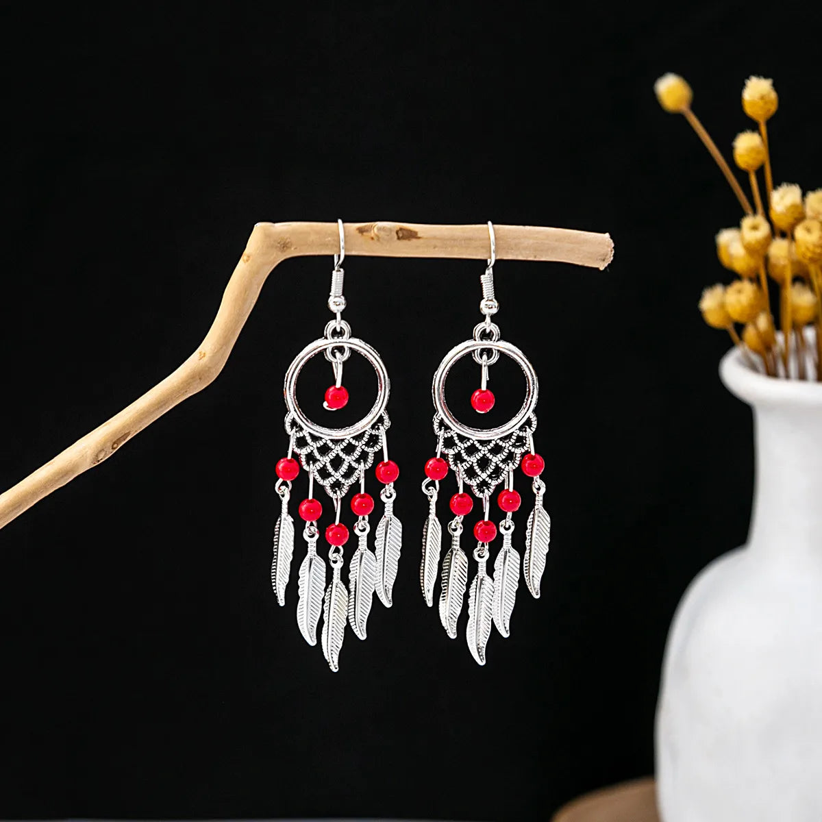 1 Pair Retro Geometric Beaded Plating Chain Alloy Drop Earrings