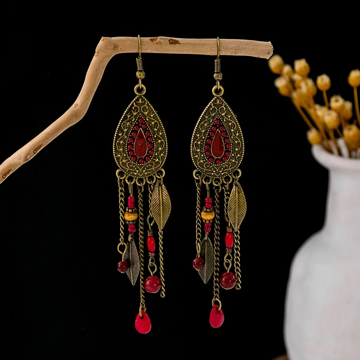 1 Pair Retro Geometric Beaded Plating Chain Alloy Drop Earrings