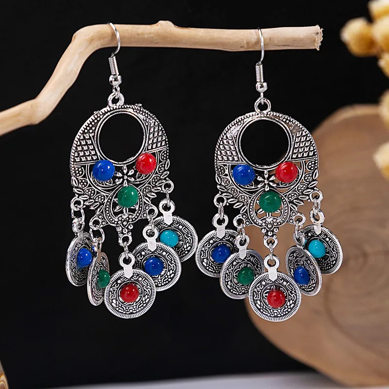 1 Pair Retro Geometric Beaded Plating Chain Alloy Drop Earrings