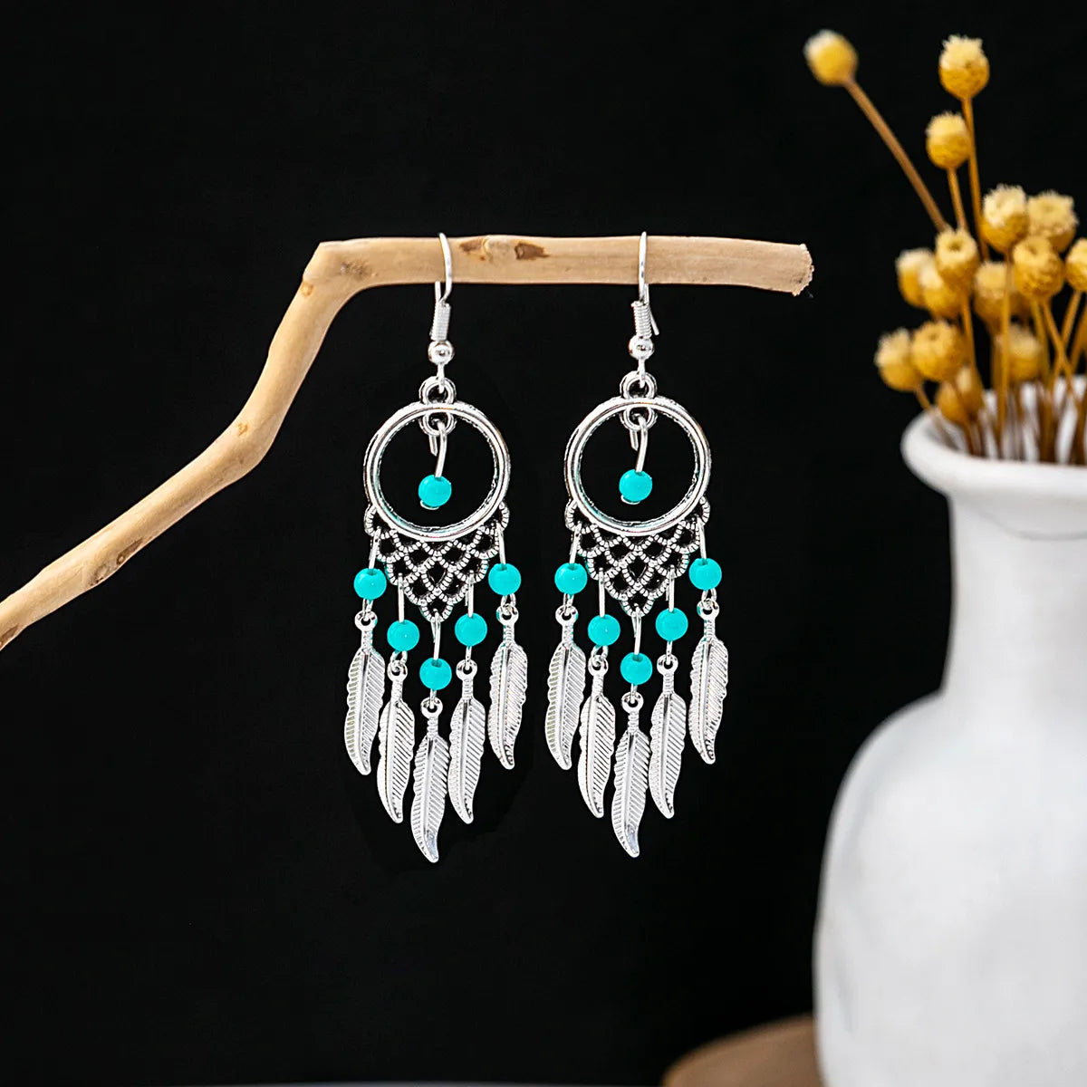 1 Pair Retro Geometric Beaded Plating Chain Alloy Drop Earrings