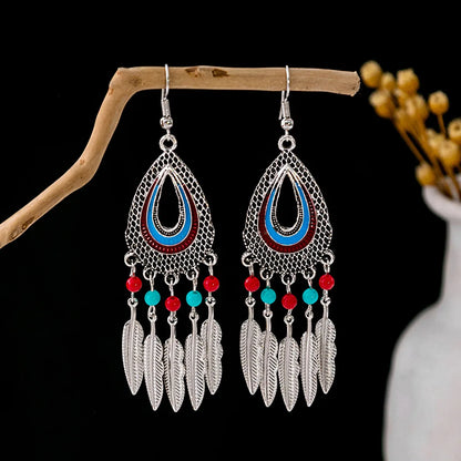 1 Pair Retro Geometric Beaded Plating Chain Alloy Drop Earrings