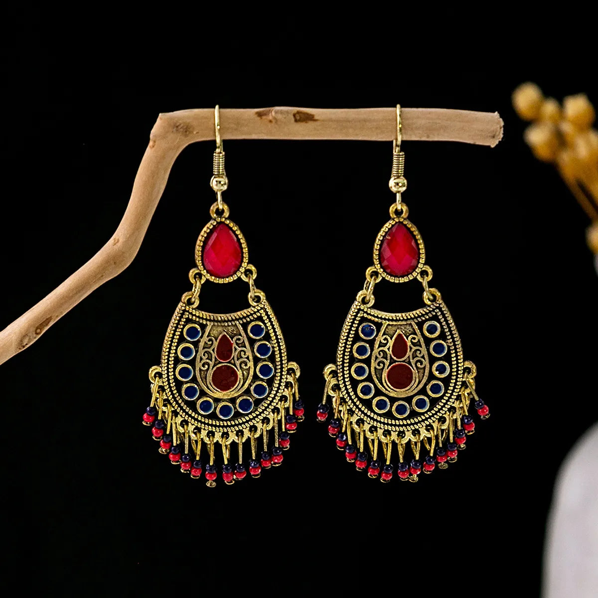 1 Pair Retro Geometric Beaded Plating Chain Alloy Drop Earrings