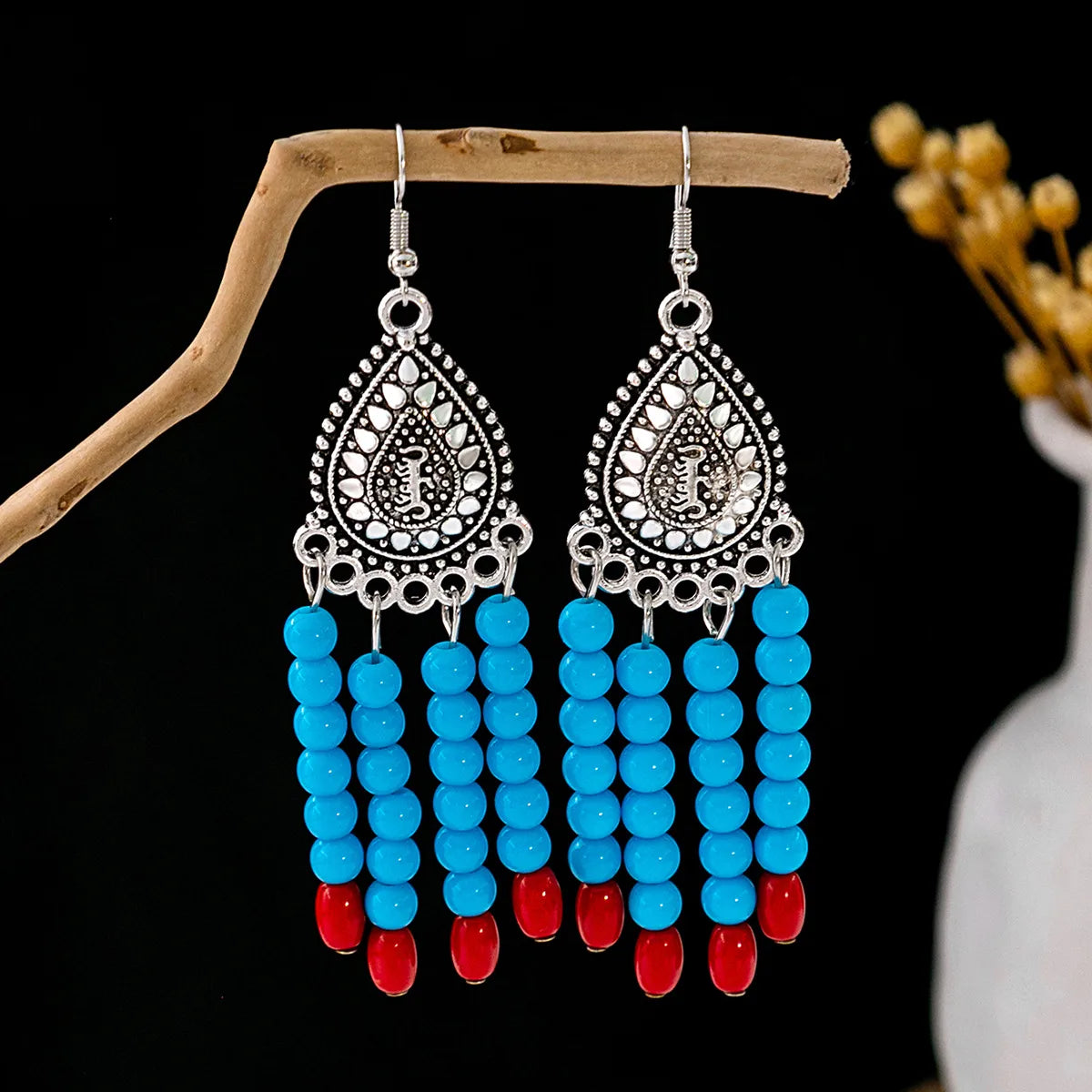 1 Pair Retro Geometric Beaded Plating Chain Alloy Drop Earrings