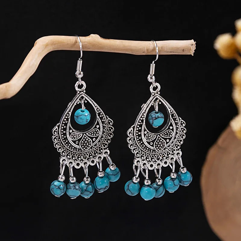 1 Pair Retro Geometric Beaded Plating Chain Alloy Drop Earrings