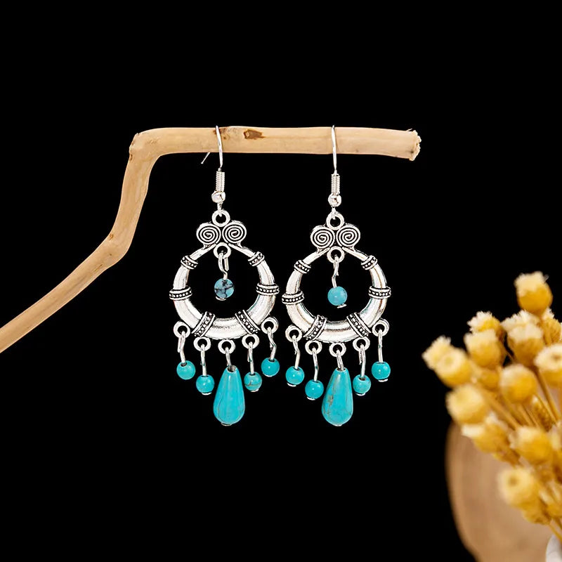 1 Pair Retro Geometric Beaded Plating Chain Alloy Drop Earrings