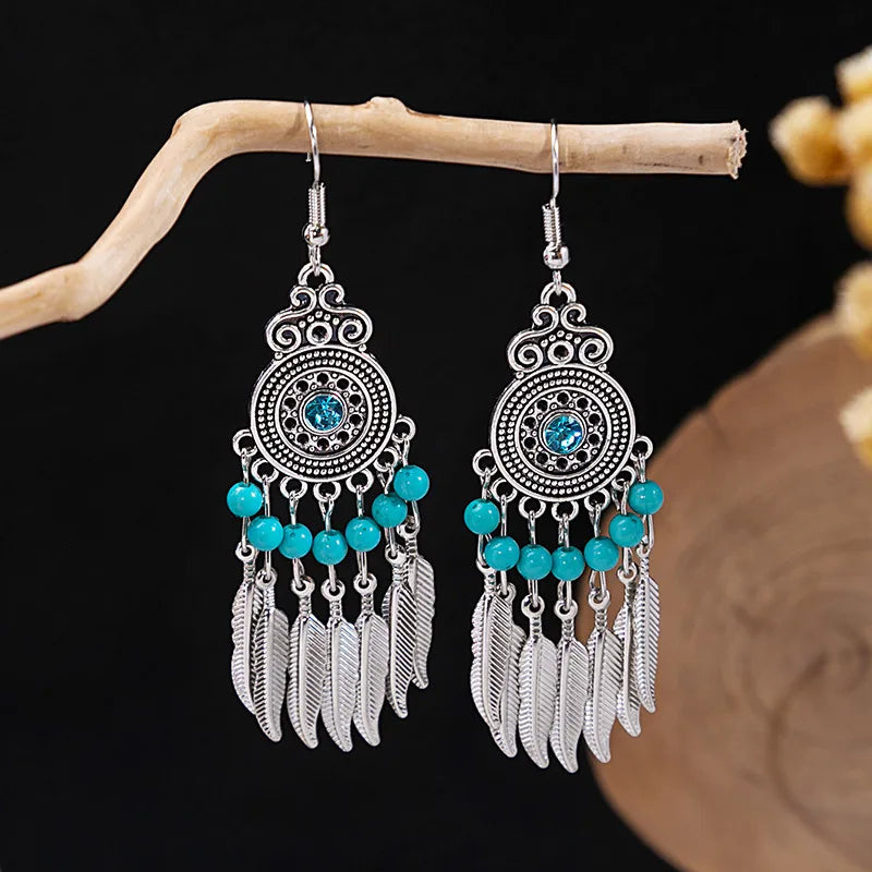 1 Pair Retro Geometric Beaded Plating Chain Alloy Drop Earrings