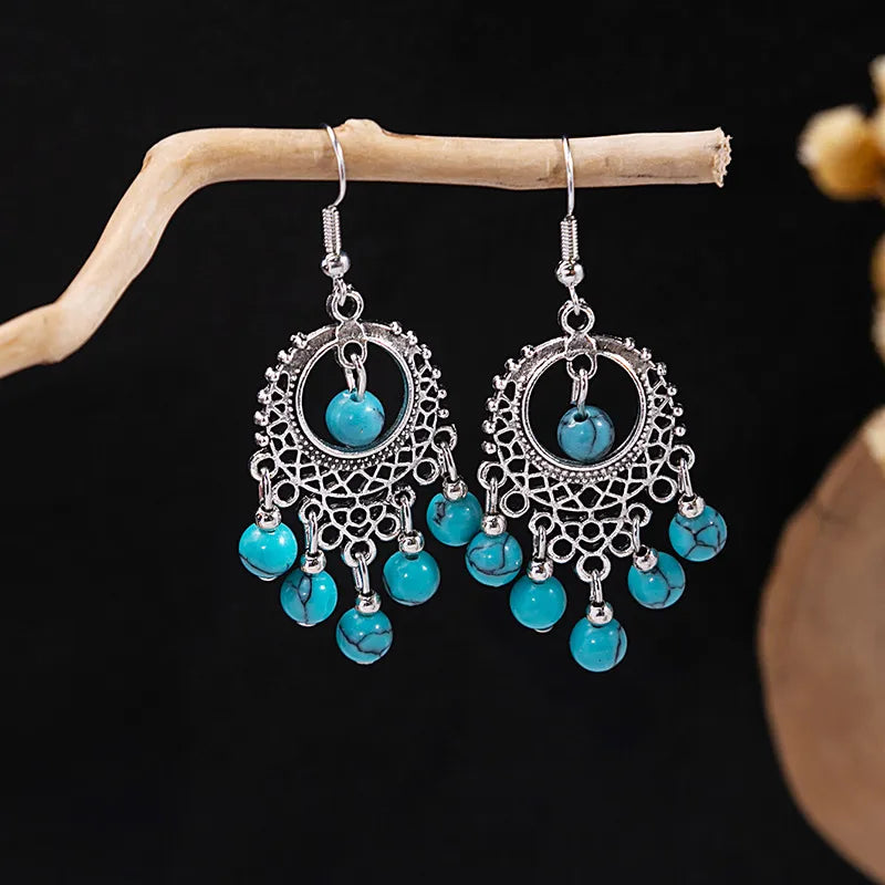 1 Pair Retro Geometric Beaded Plating Chain Alloy Drop Earrings