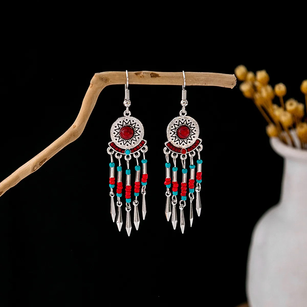 1 Pair Retro Geometric Beaded Plating Chain Alloy Drop Earrings