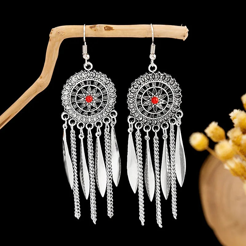 1 Pair Retro Geometric Beaded Plating Chain Alloy Drop Earrings