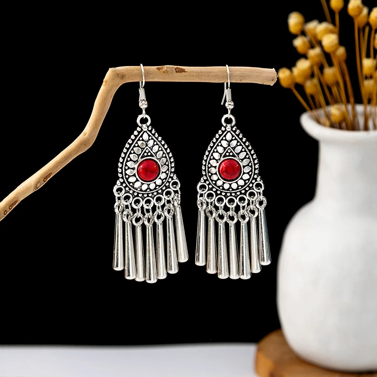 1 Pair Retro Geometric Beaded Plating Chain Alloy Drop Earrings