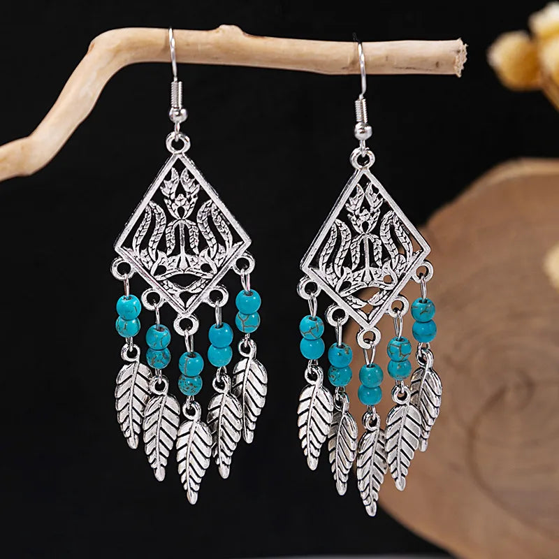 1 Pair Retro Geometric Beaded Plating Chain Alloy Drop Earrings