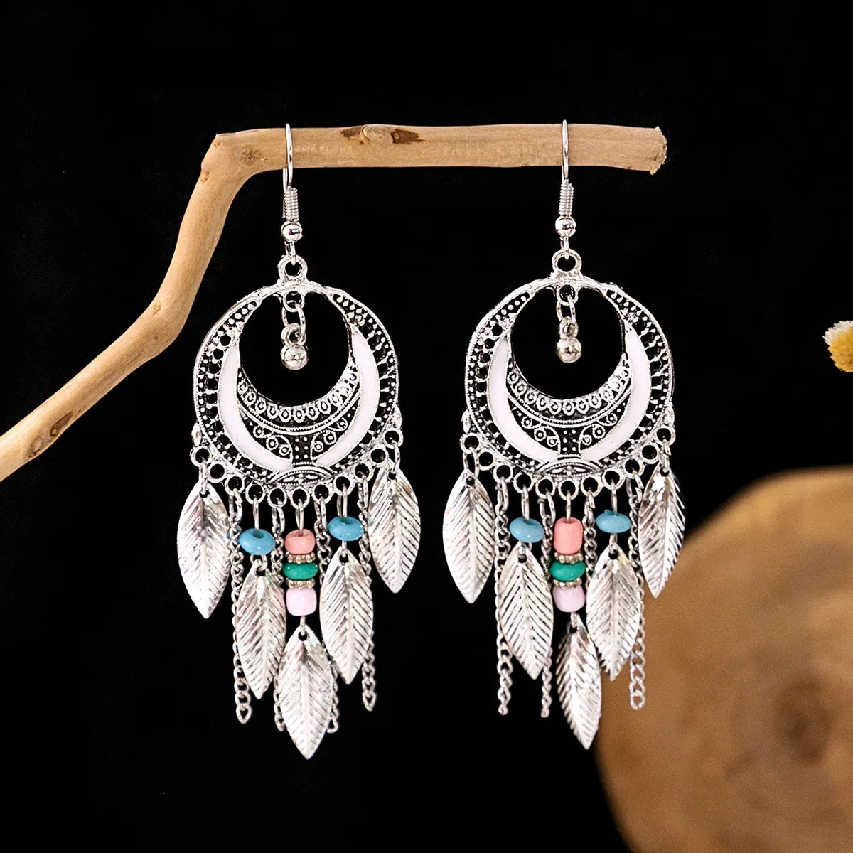 1 Pair Retro Geometric Beaded Plating Chain Alloy Drop Earrings