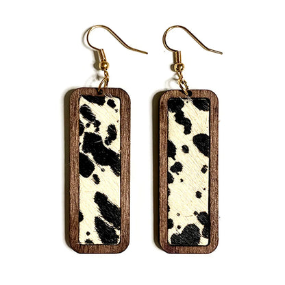 1 Pair Retro Geometric Cow Pattern Wood Drop Earrings