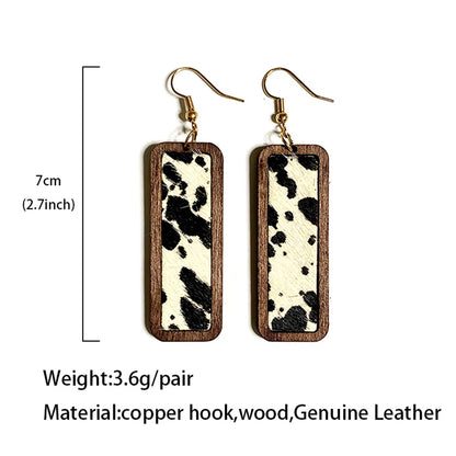 1 Pair Retro Geometric Cow Pattern Wood Drop Earrings