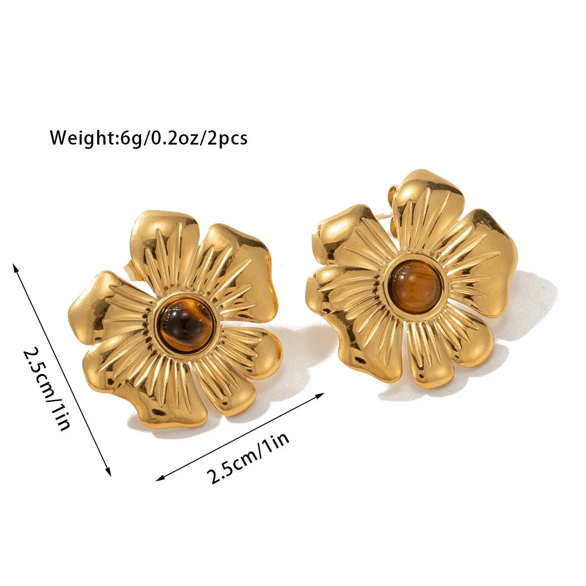 1 Pair Retro Geometric Flower Butterfly Plating Inlay Titanium Steel Tiger Eye 18K Gold Plated Ear Studs